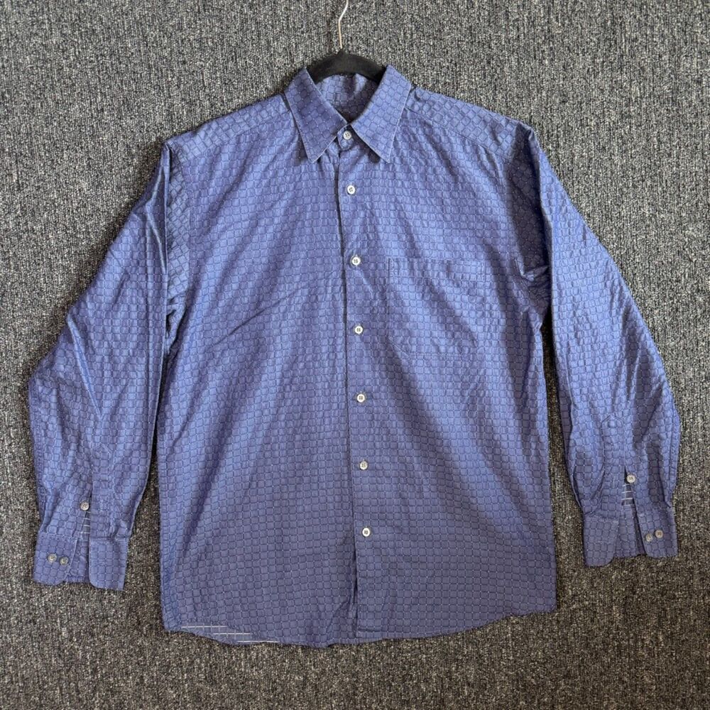 Zanella Mens 100% Cotton Long Sleeve Button Up Shirt Blue Grid Pattern Sz Medium